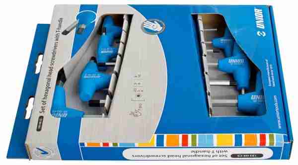 Set of T-handle hex wrenches in carton box